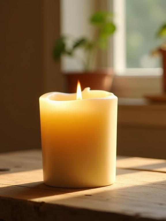 Soy candle on a rustic wooden table with natural light streaming through a window.