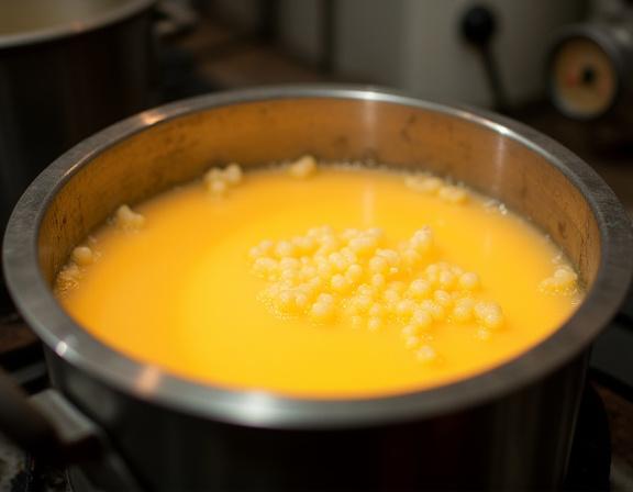 A large pot of melting wax with wicks ready for pouring.